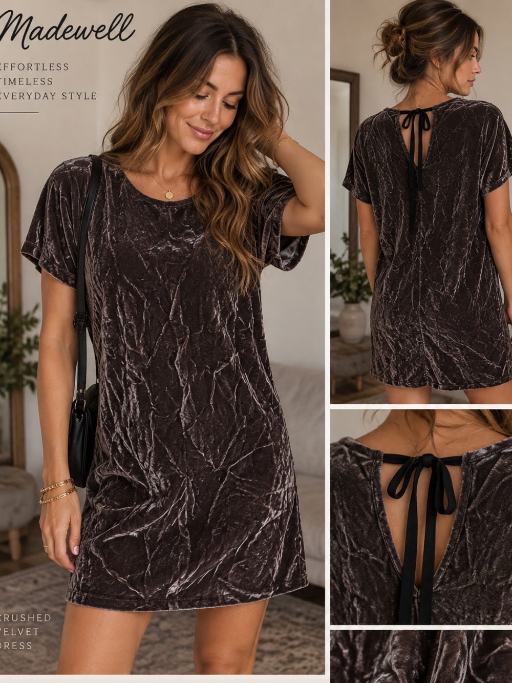 Madewell Crushed Velvet Tie Back Mini Dress XS Brown Silk Blend